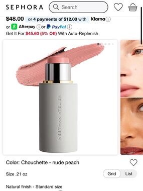 Westman Atelier 
Baby Cheeks Lip + Cheek Cream Blush Stick
Color: Chouchette